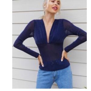 Plunging Neck Ruched Bust Semi Sheer Glitter Top